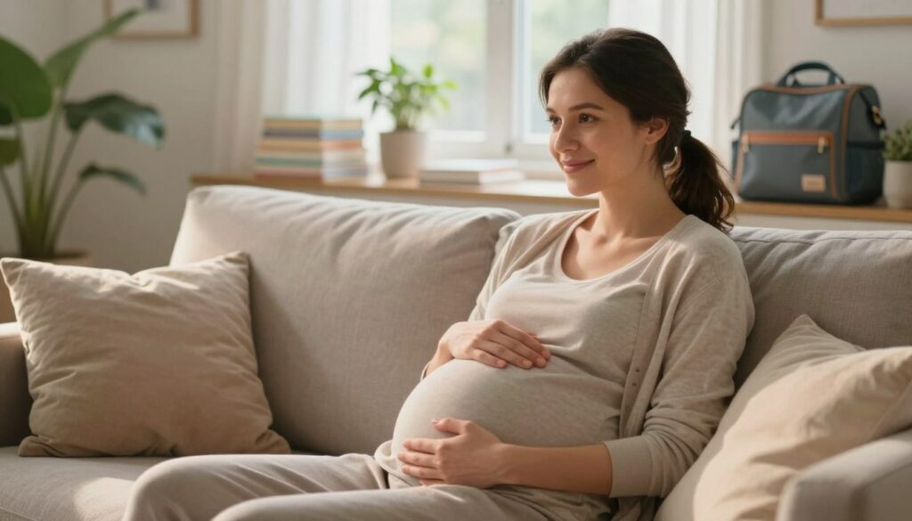 A serene, thoughtful woman in her third trimester of pregnancy, dressed in modest casual clothing, sitting in a sunlit room filled with soft pillows and plants, conveying a sense of calm and introspection. The foreground captures her gentle smile, hand resting on her belly, symbolizing connection and motherhood. In the middle ground, a cozy couch with supportive cushions surrounds her, and a warm light filters in from a nearby window, creating a tranquil atmosphere. The background features soft, blurred outlines of nurturing elements like baby books and a diaper bag, reflecting preparation for motherhood. The overall mood is reflective and supportive, highlighting the emotional complexity of experiencing PMDD during pregnancy. The image is styled in a premium medical magazine aesthetic for Vidah Plena | women's health. A serene, thoughtful woman in her third trimester of pregnancy, dressed in modest casual clothing, sitting in a sunlit room filled with soft pillows and plants, conveying a sense of calm and introspection. The foreground captures her gentle smile, hand resting on her belly, symbolizing connection and motherhood. In the middle ground, a cozy couch with supportive cushions surrounds her, and a warm light filters in from a nearby window, creating a tranquil atmosphere. The background features soft, blurred outlines of nurturing elements like baby books and a diaper bag, reflecting preparation for motherhood. The overall mood is reflective and supportive, highlighting the emotional complexity of experiencing PMDD during pregnancy. The image is styled in a premium medical magazine aesthetic for Vidah Plena | women's health.