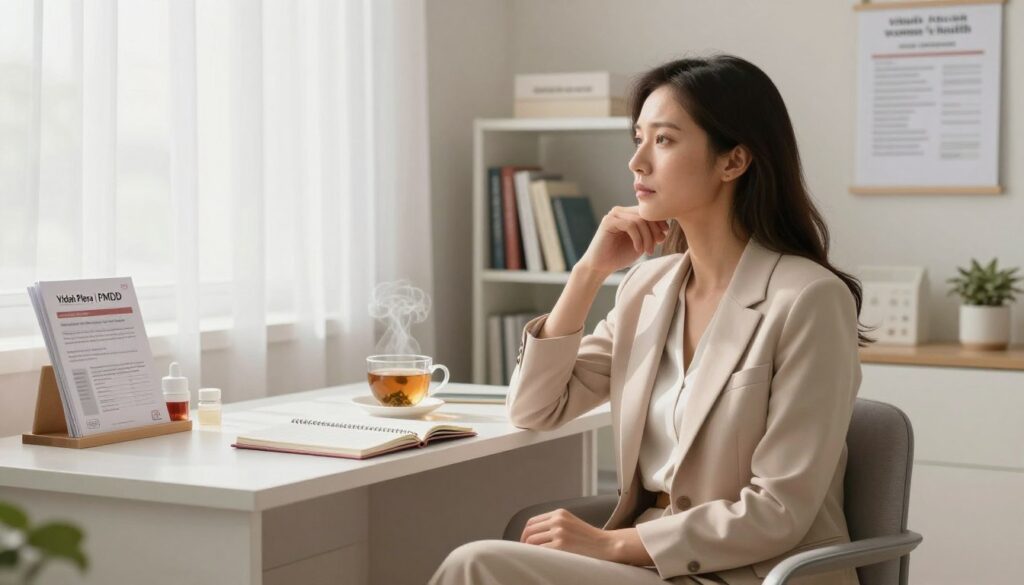 A thoughtful and serene woman in a professional business outfit sits alone in a softly lit, modern clinic office, surrounded by medical charts and pamphlets related to women's health. She gazes pensively out of a window, reflecting the confusion and emotional turmoil often associated with PMDD misdiagnosis. In the foreground, a calm and inviting atmosphere is portrayed with soft pastel colors and natural light filtering through sheer curtains. In the middle ground, a desk is neatly organized with an open notebook and a steaming cup of herbal tea, suggesting self-care practices. The background features a simple bookshelf stocked with medical literature, emphasizing the importance of understanding women's health conditions. The mood is one of contemplation and understanding, embodying the challenges of recognizing PMDD. Stylish, editorial quality suitable for a premium medical magazine, branded "Vidah Plena | women's health".