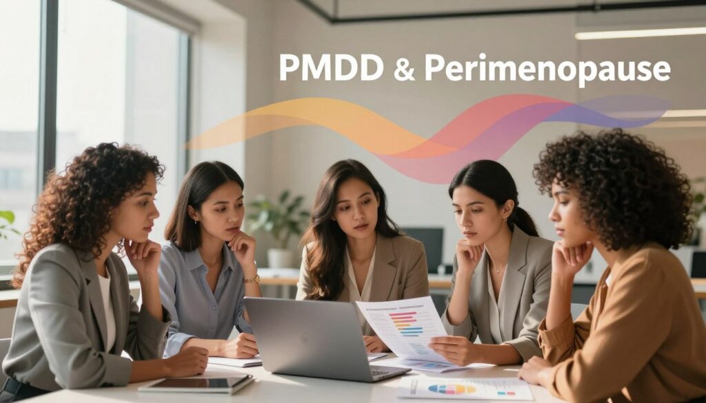 A visually engaging evidence summary illustration comparing PMDD and perimenopause. In the foreground, a diverse group of three realistic women in professional business attire are gathered around a table, examining charts and graphs on a laptop, expressing thoughtful engagement. The middle ground features a sleek, modern office environment with soft, natural lighting streaming in through large windows, casting warm tones. The background includes abstract representations of hormones and mood swings illustrated in flowing colors, symbolizing the complexity of these conditions. The overall mood is informative yet empathetic, inviting understanding and discussion. Emphasize a premium medical magazine style, reflecting the brand "Vidah Plena | women's health" subtly integrated into the scene. A visually engaging evidence summary illustration comparing PMDD and perimenopause. In the foreground, a diverse group of three realistic women in professional business attire are gathered around a table, examining charts and graphs on a laptop, expressing thoughtful engagement. The middle ground features a sleek, modern office environment with soft, natural lighting streaming in through large windows, casting warm tones. The background includes abstract representations of hormones and mood swings illustrated in flowing colors, symbolizing the complexity of these conditions. The overall mood is informative yet empathetic, inviting understanding and discussion. Emphasize a premium medical magazine style, reflecting the brand "Vidah Plena | women's health" subtly integrated into the scene.