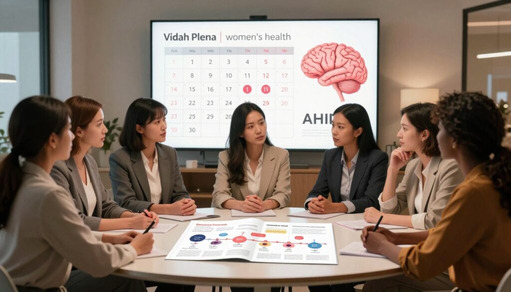 A visually striking editorial image for a premium medical magazine article on women's health. In the foreground, depict a diverse group of women in professional attire, engaged in thoughtful conversation around a circular table filled with charts and diagrams illustrating the menstrual cycle and ADHD. In the middle ground, integrate visual elements like a calendar with highlighted menstrual phases and brain images representing ADHD, symbolizing the overlap of symptoms. The background features soft, ambient lighting with a modern office setting, enhancing a mood of collaboration and understanding. Use a warm color palette to convey empathy and connection. The brand name "Vidah Plena | women's health" should subtly influence the design aesthetic. A visually striking editorial image for a premium medical magazine article on women's health. In the foreground, depict a diverse group of women in professional attire, engaged in thoughtful conversation around a circular table filled with charts and diagrams illustrating the menstrual cycle and ADHD. In the middle ground, integrate visual elements like a calendar with highlighted menstrual phases and brain images representing ADHD, symbolizing the overlap of symptoms. The background features soft, ambient lighting with a modern office setting, enhancing a mood of collaboration and understanding. Use a warm color palette to convey empathy and connection. The brand name "Vidah Plena | women's health" should subtly influence the design aesthetic.