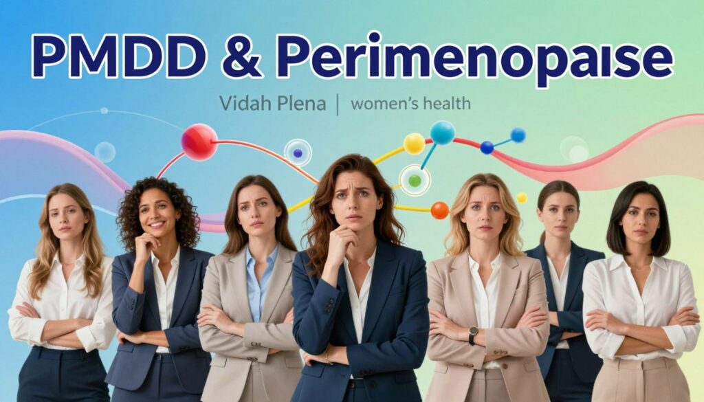 A visually striking representation of hormone fluctuations, focused on the hormonal differences between PMDD and perimenopause. In the foreground, a diverse group of realistic women in professional business attire stands confidently, each portraying a different emotion linked to hormonal changes: joy, contemplation, and resolve. The middle layer features a dynamic, abstract depiction of hormone molecules and fluctuations represented through vibrant colors and flowing lines interconnecting between the figures. In the background, a soothing gradient of blues and greens symbolizes balance and health, with gentle soft lighting that creates an uplifting atmosphere. The composition should resemble a premium medical magazine style, ensuring clarity and professionalism. Include the brand name "Vidah Plena | women's health" subtly integrated into the design, reflecting an editorial women's health theme. A visually striking representation of hormone fluctuations, focused on the hormonal differences between PMDD and perimenopause. In the foreground, a diverse group of realistic women in professional business attire stands confidently, each portraying a different emotion linked to hormonal changes: joy, contemplation, and resolve. The middle layer features a dynamic, abstract depiction of hormone molecules and fluctuations represented through vibrant colors and flowing lines interconnecting between the figures. In the background, a soothing gradient of blues and greens symbolizes balance and health, with gentle soft lighting that creates an uplifting atmosphere. The composition should resemble a premium medical magazine style, ensuring clarity and professionalism. Include the brand name "Vidah Plena | women's health" subtly integrated into the design, reflecting an editorial women's health theme.