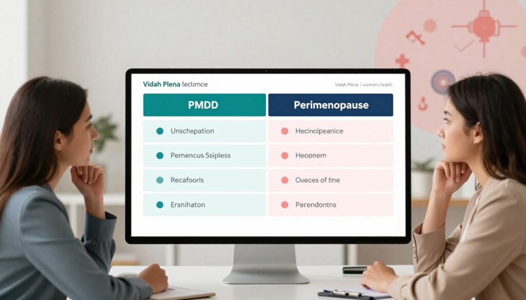 A visually striking symptom comparison table illustrating the differences between PMDD and perimenopause. In the foreground, realistic depictions of diverse women in professional business attire, thoughtfully analyzing the data, showcasing a collaborative and educated approach to women's health. The middle ground features a sleek, modern table with clear indicators of symptoms for both PMDD and perimenopause, using colors that evoke clarity and calmness. The background contains soothing pastel tones and abstract medical symbols to enhance the editorial feel, representing the complexity of women's health. Soft, natural lighting highlights the subjects and the table, creating a professional and inviting atmosphere. The image should convey a sense of hope and empowerment, aligned with "Vidah Plena | women's health." A visually striking symptom comparison table illustrating the differences between PMDD and perimenopause. In the foreground, realistic depictions of diverse women in professional business attire, thoughtfully analyzing the data, showcasing a collaborative and educated approach to women's health. The middle ground features a sleek, modern table with clear indicators of symptoms for both PMDD and perimenopause, using colors that evoke clarity and calmness. The background contains soothing pastel tones and abstract medical symbols to enhance the editorial feel, representing the complexity of women's health. Soft, natural lighting highlights the subjects and the table, creating a professional and inviting atmosphere. The image should convey a sense of hope and empowerment, aligned with "Vidah Plena | women's health."
