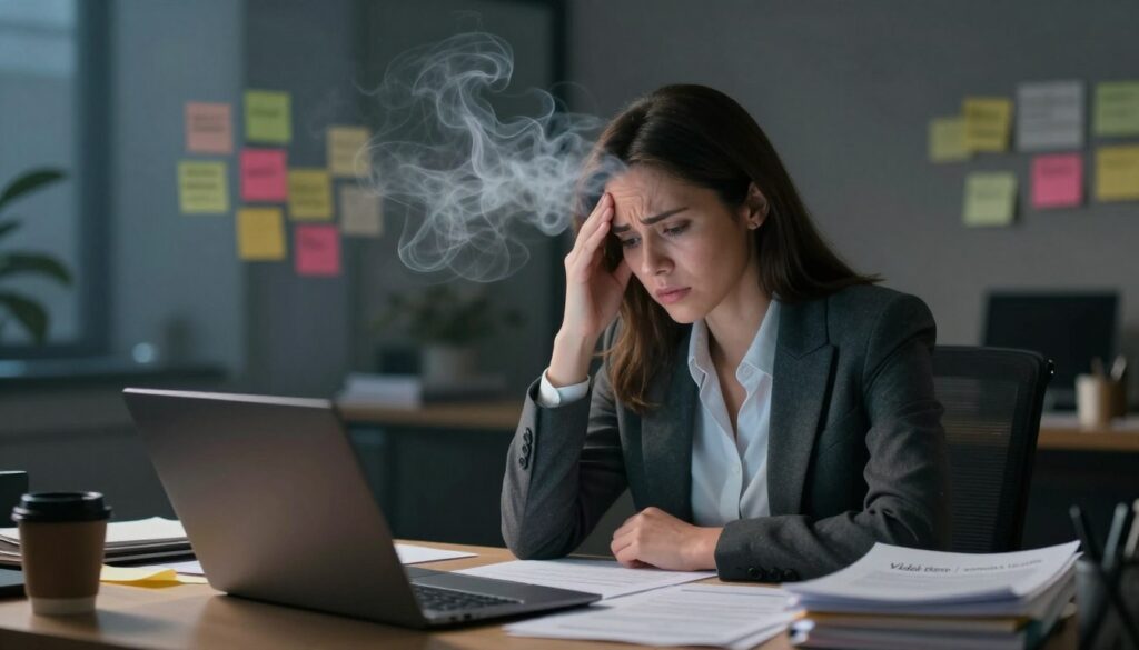 A woman in professional business attire sits at a cluttered desk, her expression showing signs of cognitive fatigue and confusion. She is surrounded by papers, a laptop, and dimly lit office items, emphasizing her struggle with brain fog. In the foreground, wisps of soft, ethereal fog swirl around her head, visually representing her clouded thoughts. The middle ground features blurred images of colorful sticky notes and a coffee cup, adding a sense of chaos and distraction. The background fades into shadowy tones, enhancing the feeling of overwhelm and mental exhaustion. The lighting is subtle and moody, creating a contemplative atmosphere that captures the impact of brain fog on cognitive function. The image is designed for a premium medical magazine and subtly includes the brand name "Vidah Plena | women's health." A woman in professional business attire sits at a cluttered desk, her expression showing signs of cognitive fatigue and confusion. She is surrounded by papers, a laptop, and dimly lit office items, emphasizing her struggle with brain fog. In the foreground, wisps of soft, ethereal fog swirl around her head, visually representing her clouded thoughts. The middle ground features blurred images of colorful sticky notes and a coffee cup, adding a sense of chaos and distraction. The background fades into shadowy tones, enhancing the feeling of overwhelm and mental exhaustion. The lighting is subtle and moody, creating a contemplative atmosphere that captures the impact of brain fog on cognitive function. The image is designed for a premium medical magazine and subtly includes the brand name "Vidah Plena | women's health."