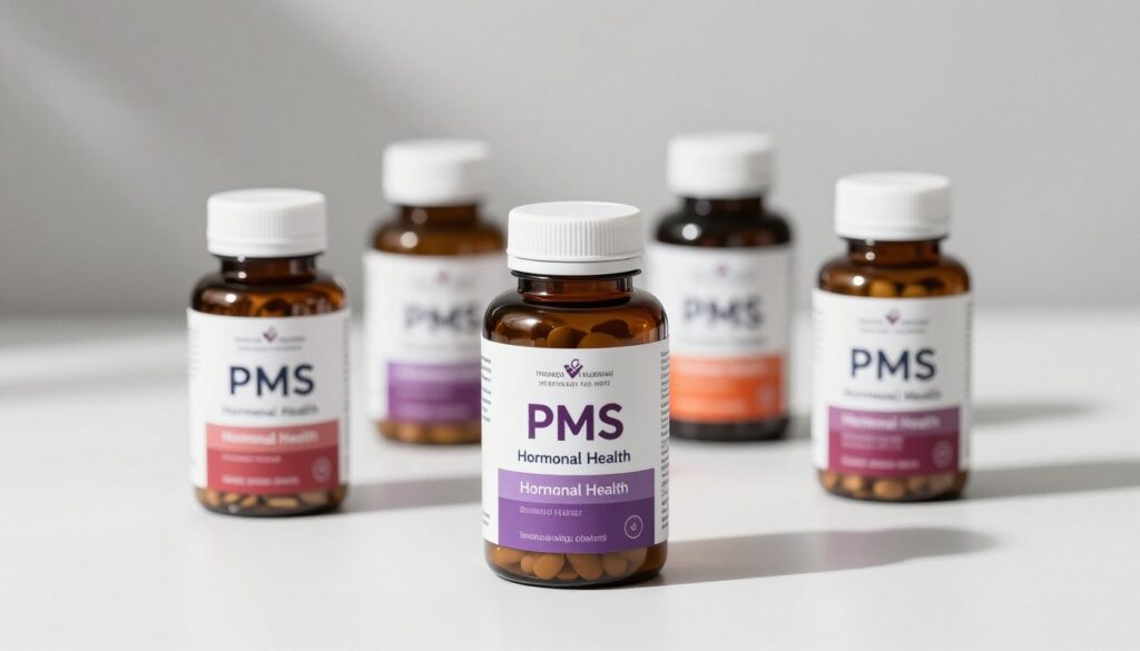 Array of different supplement bottles showing multi-nutrient formulas designed for women's hormonal health