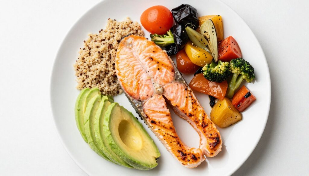 Balanced PMDD meal plate showing proper portions of protein, complex carbohydrates, healthy fats, and vegetables for blood sugar stability