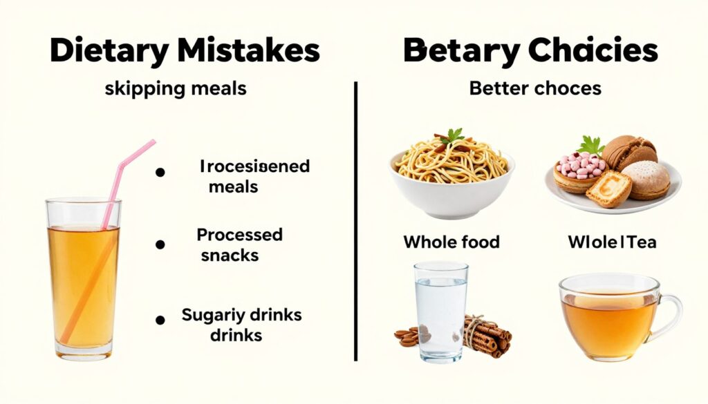 Before and after comparison showing common dietary mistakes versus improved approaches