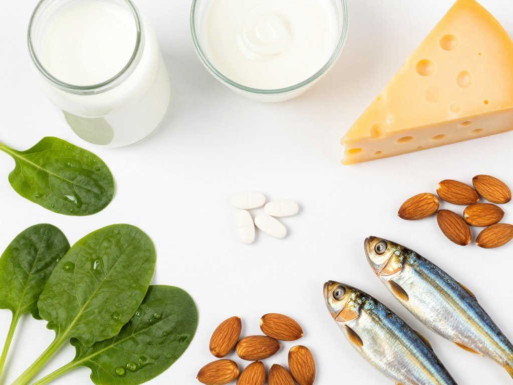 Calcium-rich foods and calcium supplement tablets arranged together showing dietary and supplemental sources