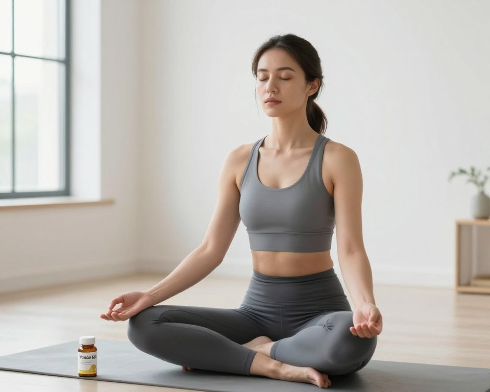 Calm woman practicing deep breathing while holding vitamin B6 supplement