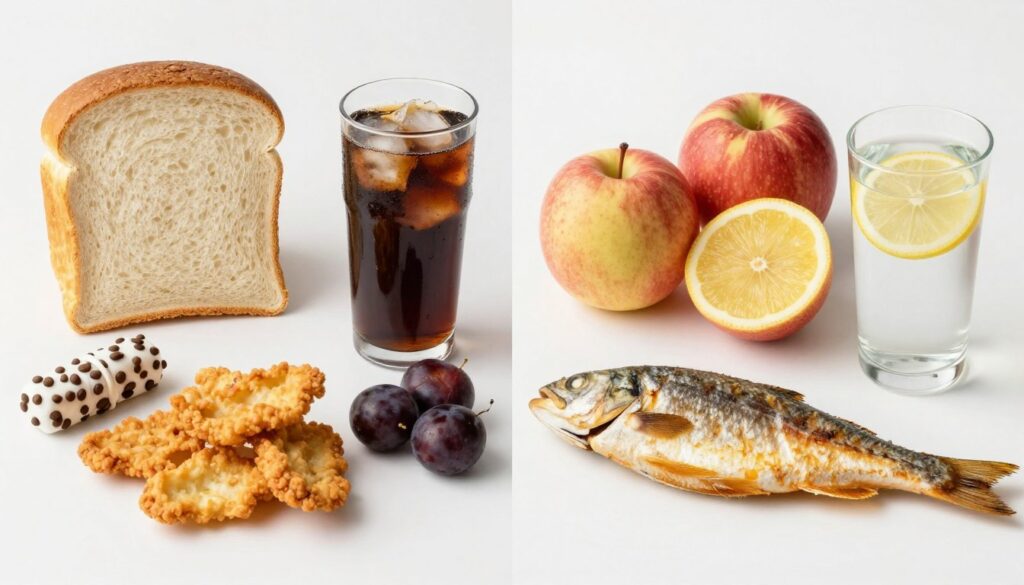 Comparison showing inflammatory foods on one side and anti-inflammatory alternatives on the other