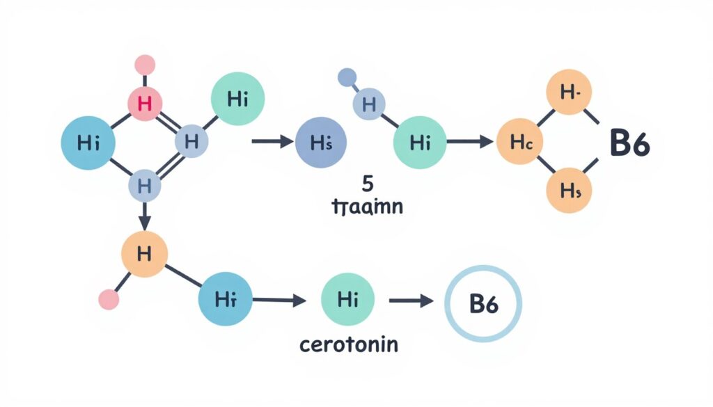 Diagram showing vitamin B6 role in converting 5-HTP to serotonin in the brain