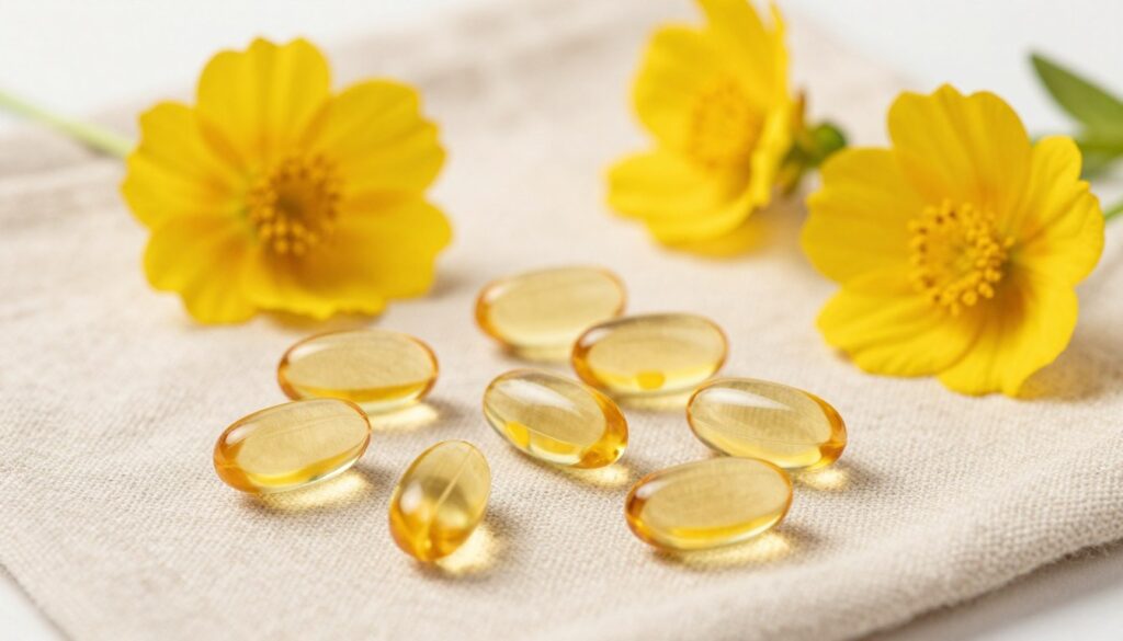 Evening primrose oil softgels with yellow flowers for PMDD relief