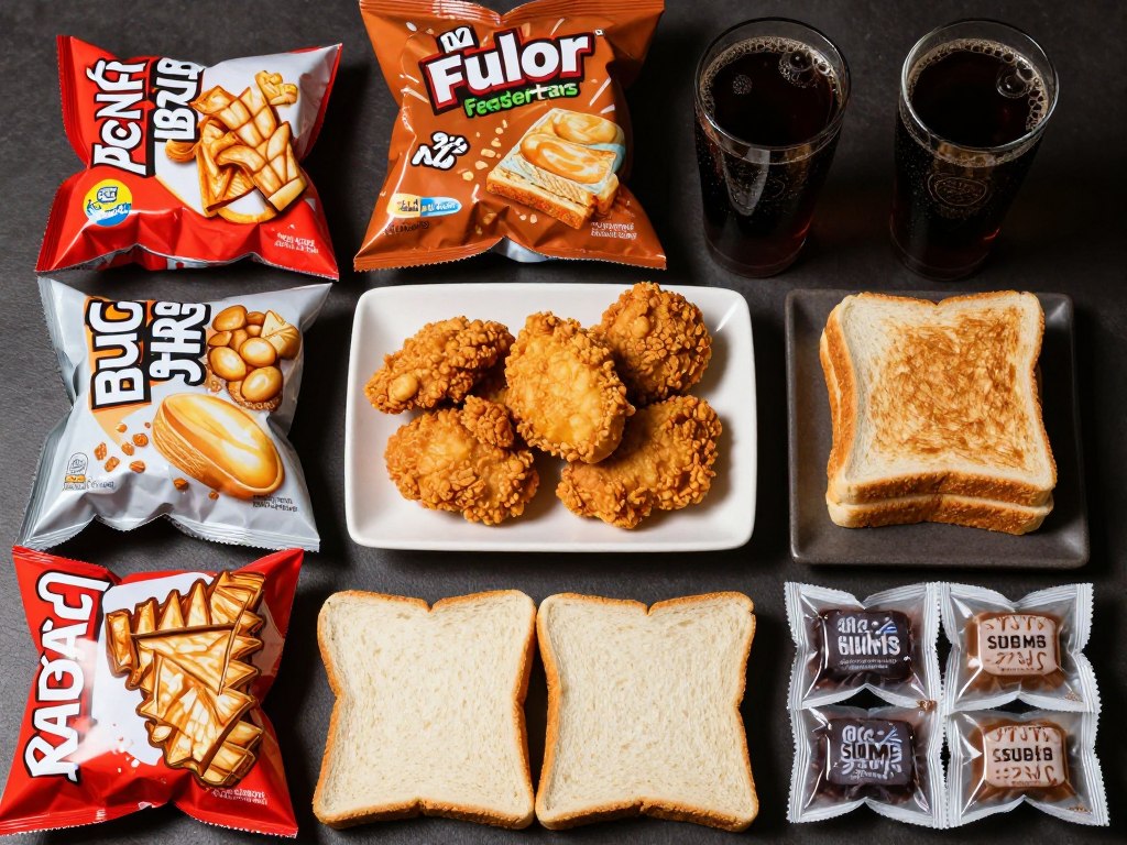 Examples of pro-inflammatory foods including processed snacks, sugary drinks, and fried foods