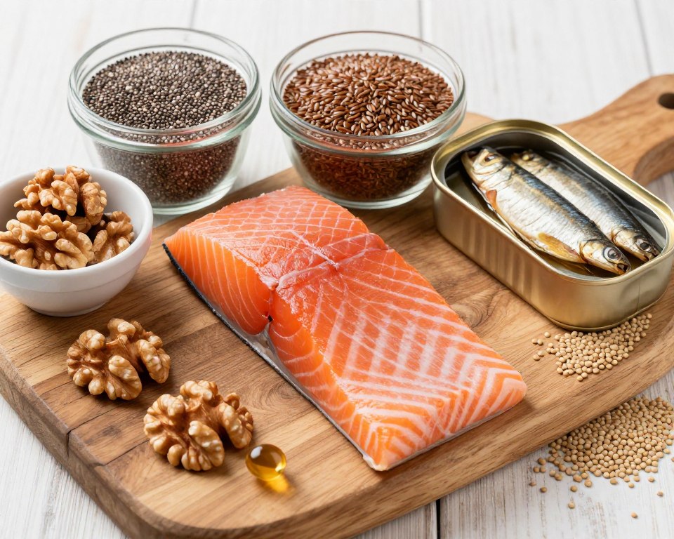 Fresh omega-3 rich foods including salmon fillet, walnuts, chia seeds, flaxseeds, and sardines arranged on wooden cutting board