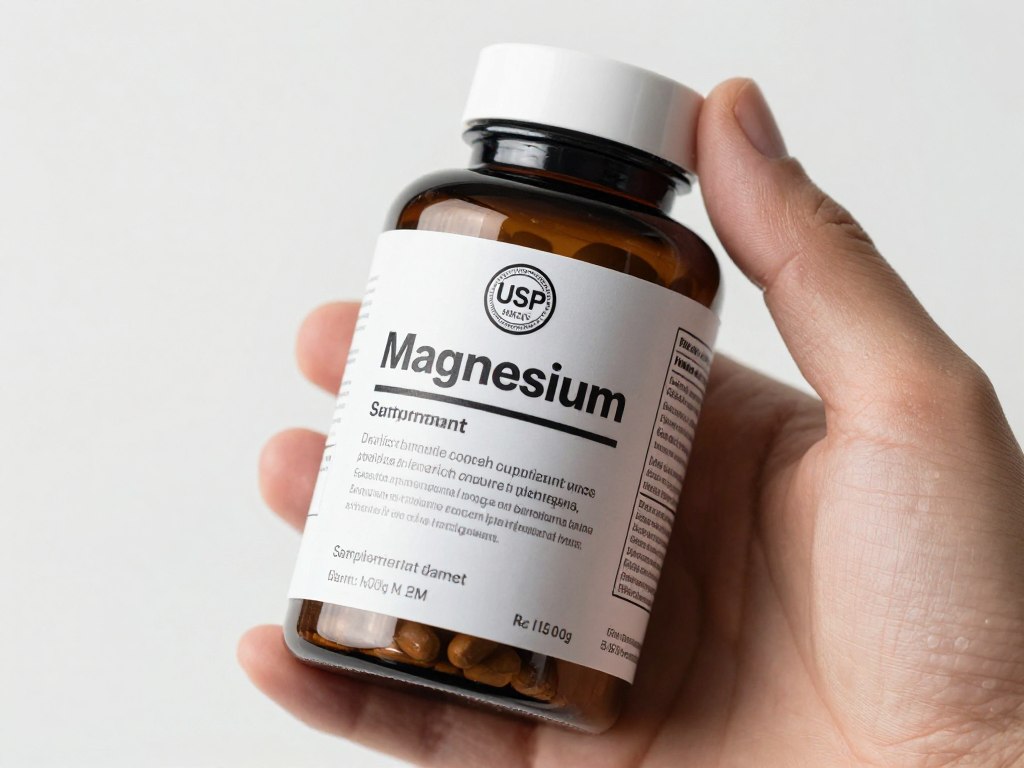 Hand holding magnesium supplement bottle showing label with third-party certification seal and supplement facts panel