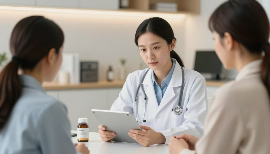 Healthcare provider discussing supplement safety with female patient
