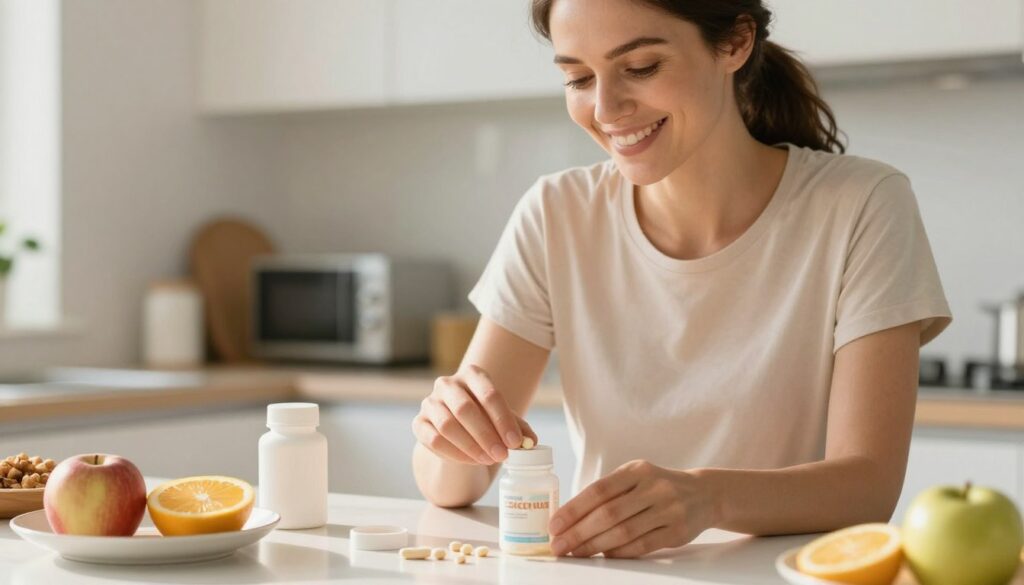 Hopeful woman smiling while preparing her daily supplements and healthy breakfast