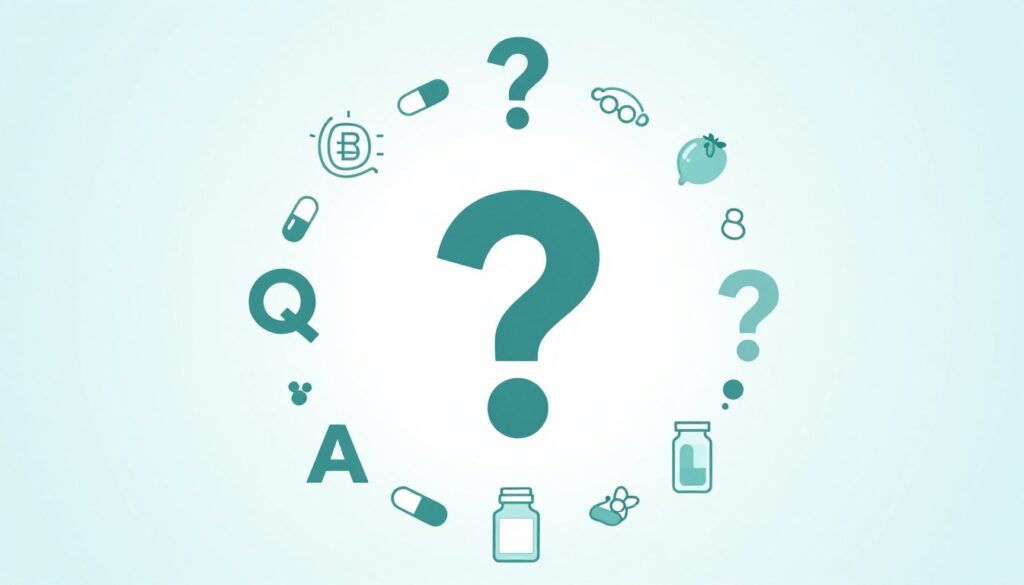 Illustration of frequently asked questions about PMDD supplements with question marks and supplement icons Illustration of frequently asked questions about PMDD supplements with question marks and supplement icons