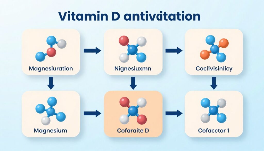 Infographic showing the metabolic relationship between magnesium and vitamin D with arrows indicating enzyme pathways