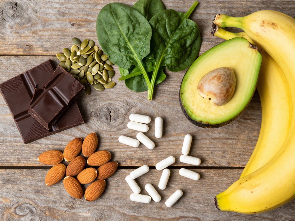 Magnesium-rich foods including dark chocolate, nuts, seeds, and leafy greens with magnesium supplement capsules