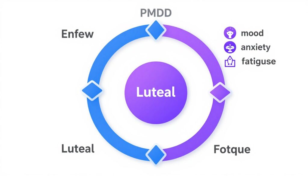 Medical illustration showing the menstrual cycle phases with PMDD symptom timeline highlighted during luteal phase