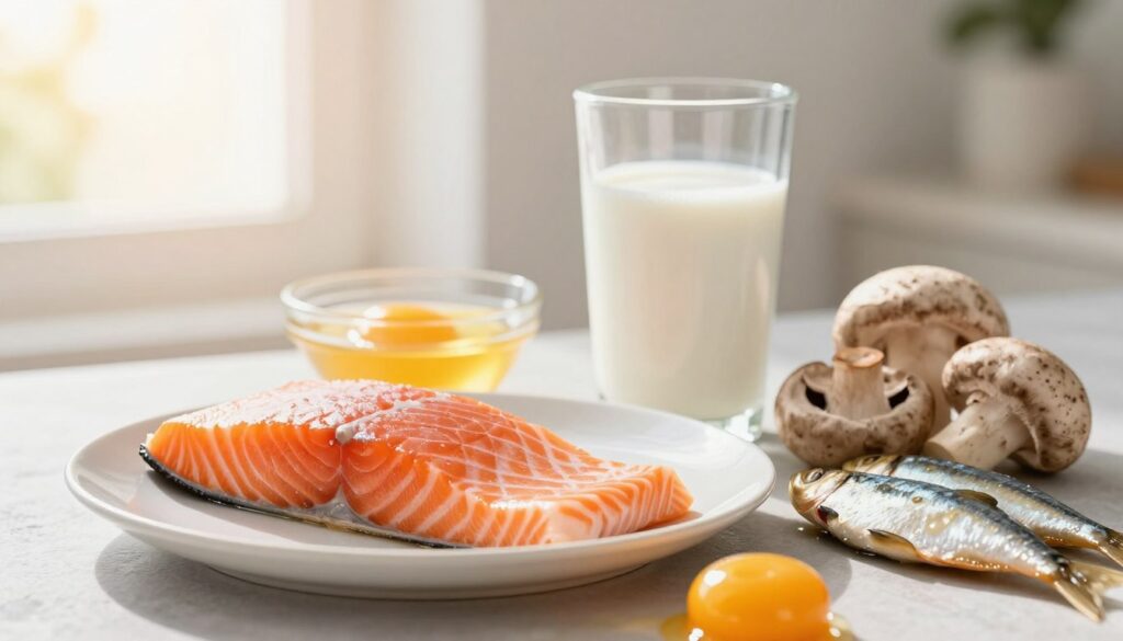 Natural vitamin D food sources including fatty fish, egg yolks, fortified milk, and mushrooms arranged with sunshine in background