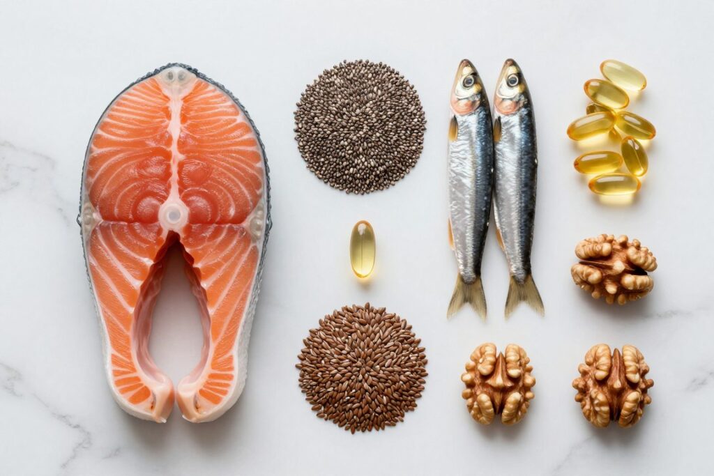 Omega-3 rich foods including fish, flaxseeds, and walnuts