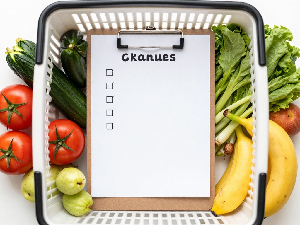Organized grocery shopping list with checked items and fresh produce in shopping basket