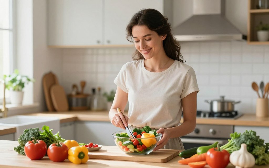 Peaceful woman smiling while preparing healthy PMDD-supportive meal in bright kitchen, representing hope and empowerment