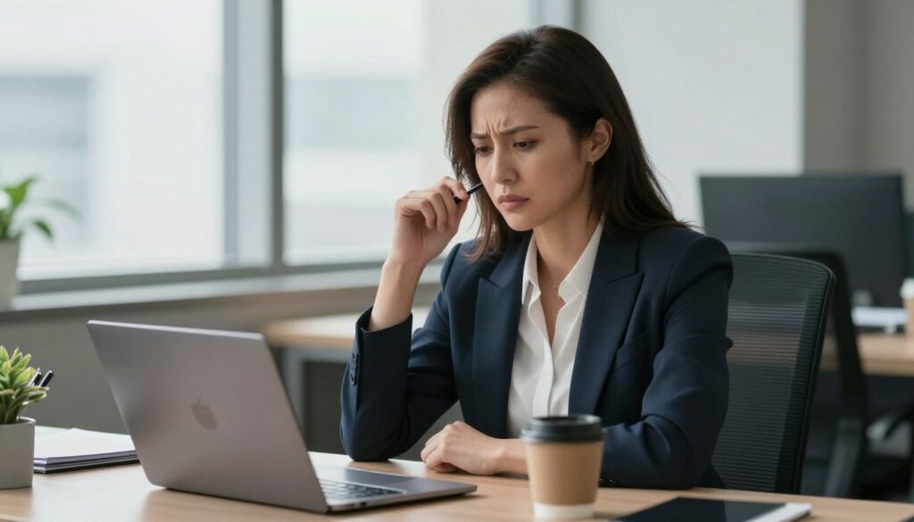 Professional woman appearing composed at work while experiencing 7 signs of high functioning anxiety, symbolizing hidden internal struggle