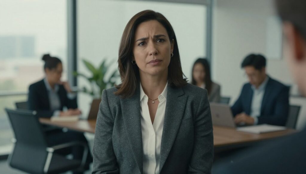 Professional woman maintaining composed appearance during stressful work meeting while feeling internal anxiety and overwhelm