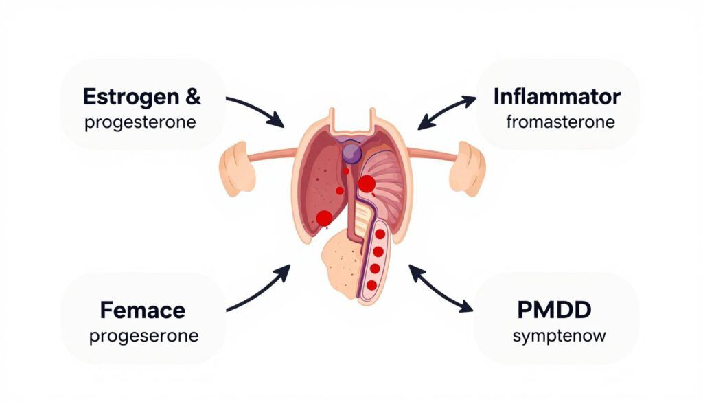Scientific diagram showing the relationship between hormones, inflammation, and PMDD symptoms
