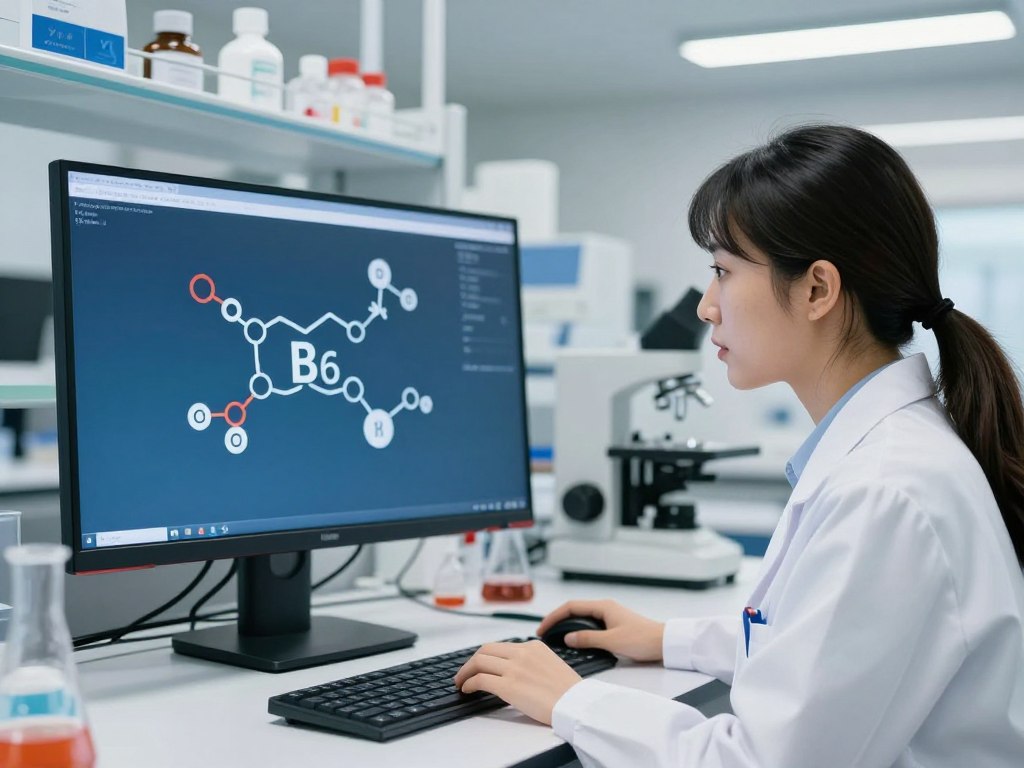 Scientific researcher examining vitamin B6 molecular structure on laboratory screen