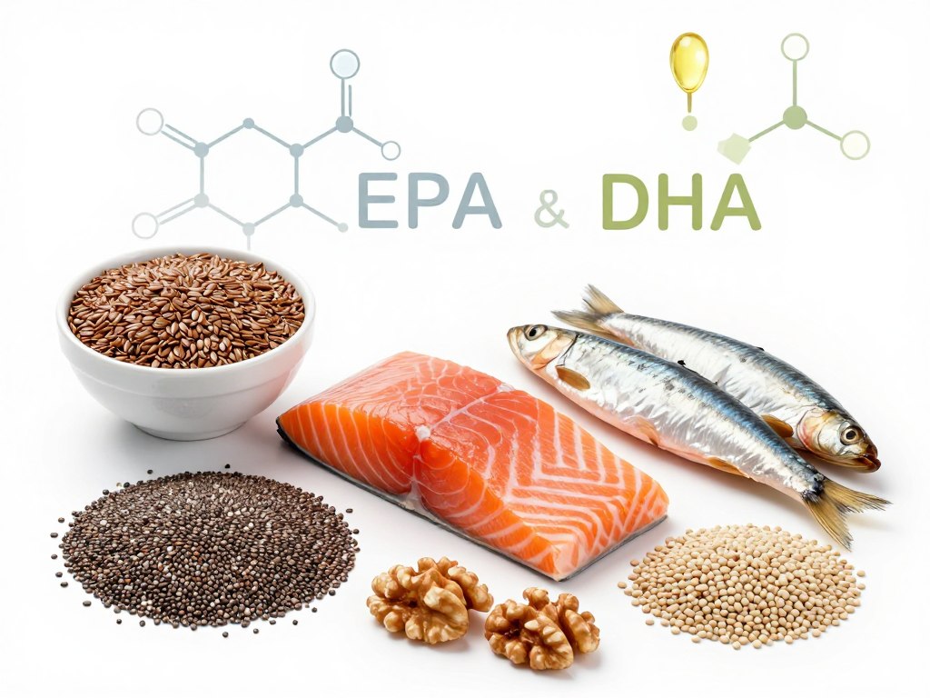 Sources of omega-3 fatty acids including fish, flaxseeds, chia seeds, and walnuts with molecular structure diagram