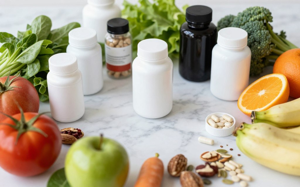 Variety of supplement bottles and pills arranged with fresh vegetables and fruits representing nutritional approach to PMDD