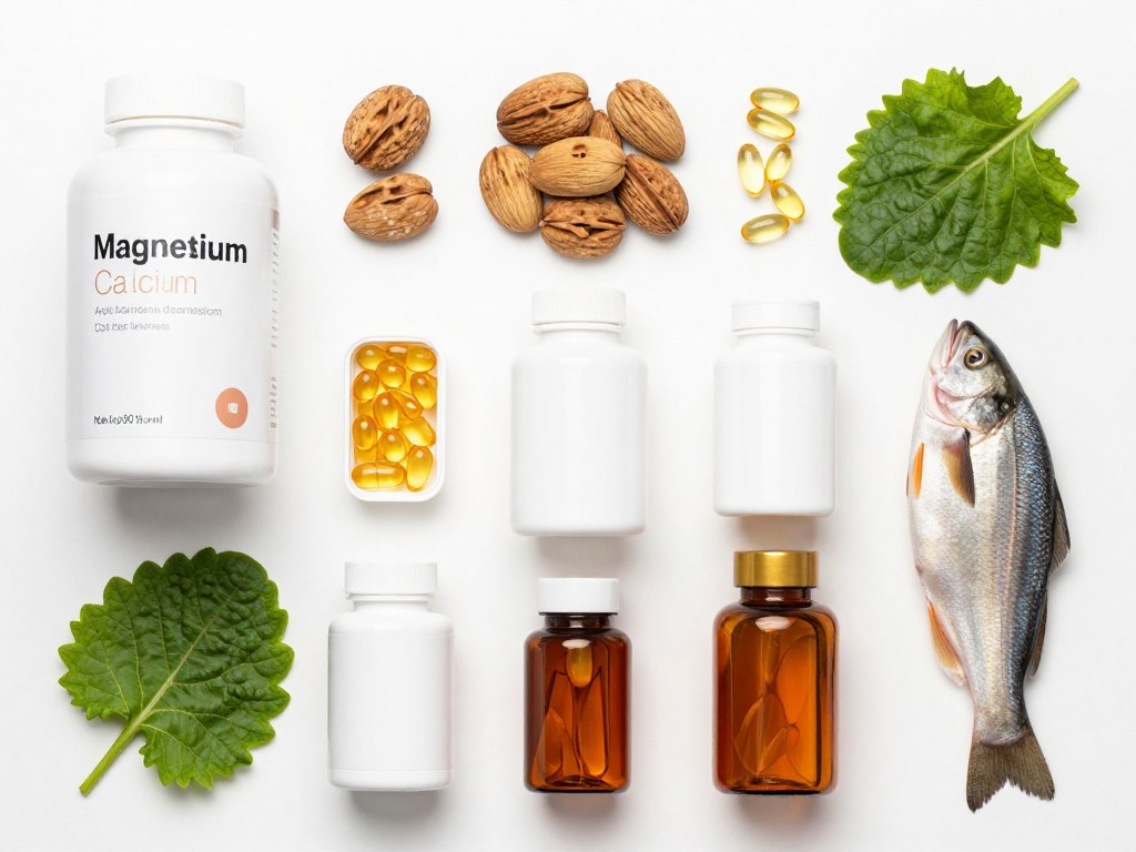 Various natural supplements arranged in a health-focused composition