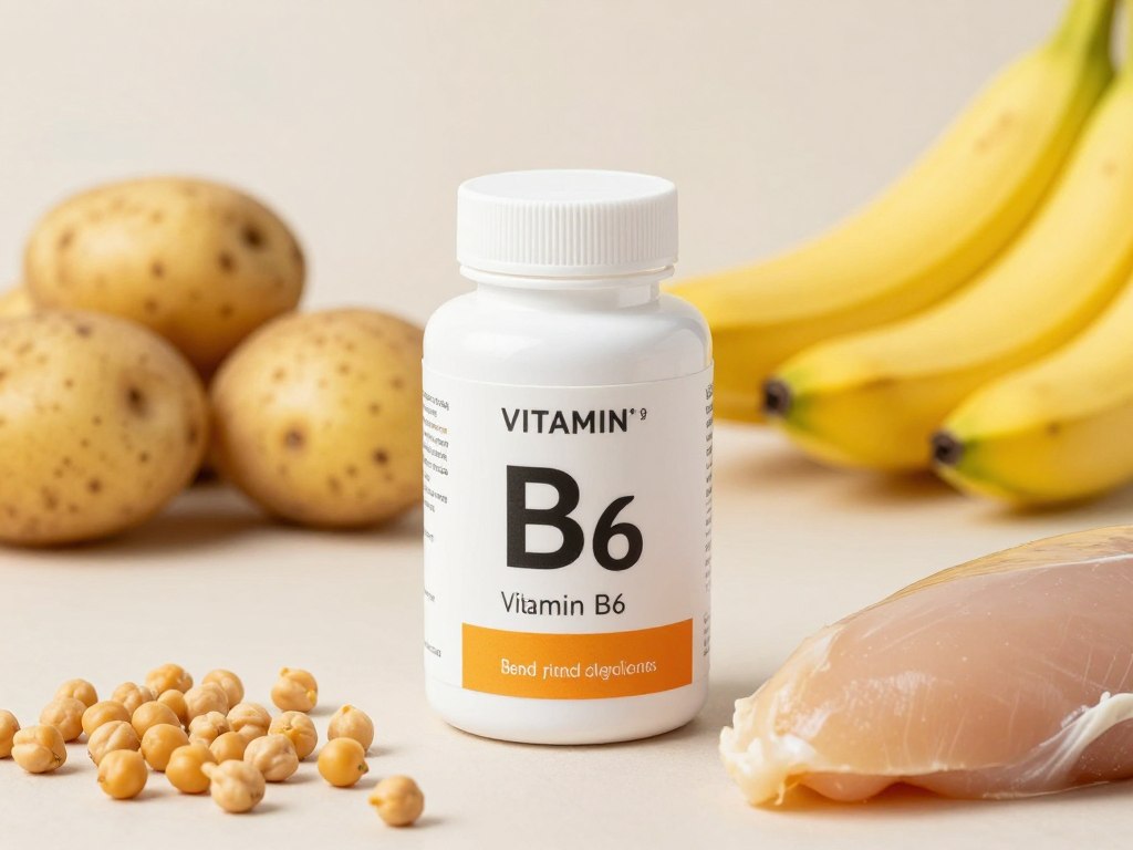 Vitamin B6 supplement bottle with B6-rich foods