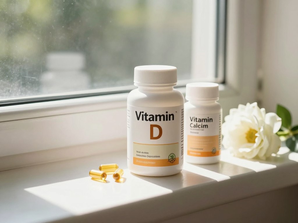 Vitamin D and calcium supplements displayed together with sunshine imagery