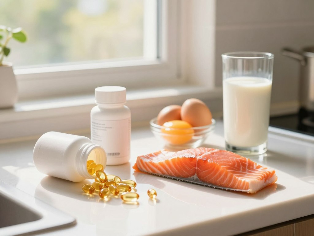 Vitamin D sources including sunlight, salmon, eggs, and vitamin D supplement capsules