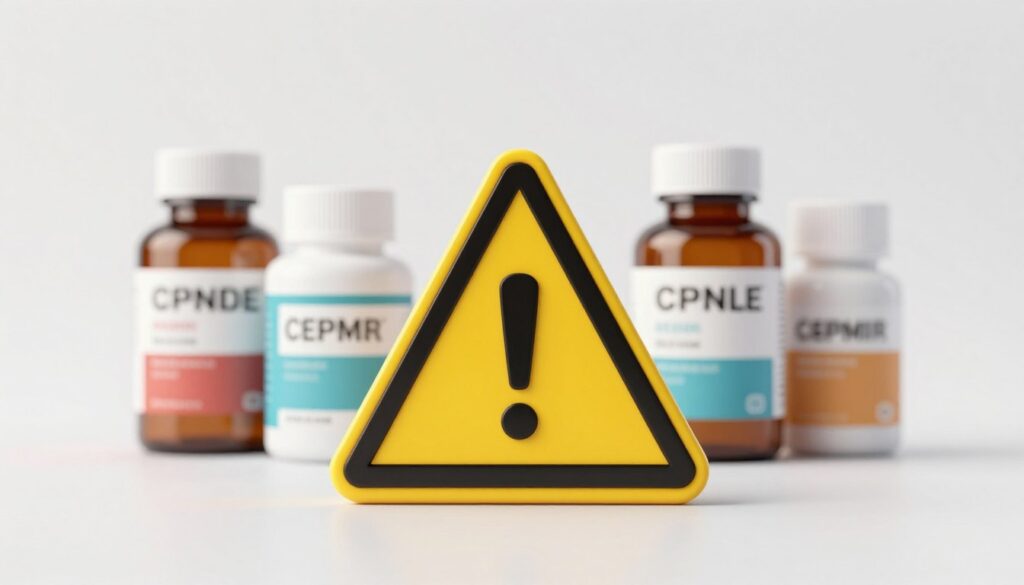 Warning symbol with various supplement bottles representing products that require caution or medical supervision