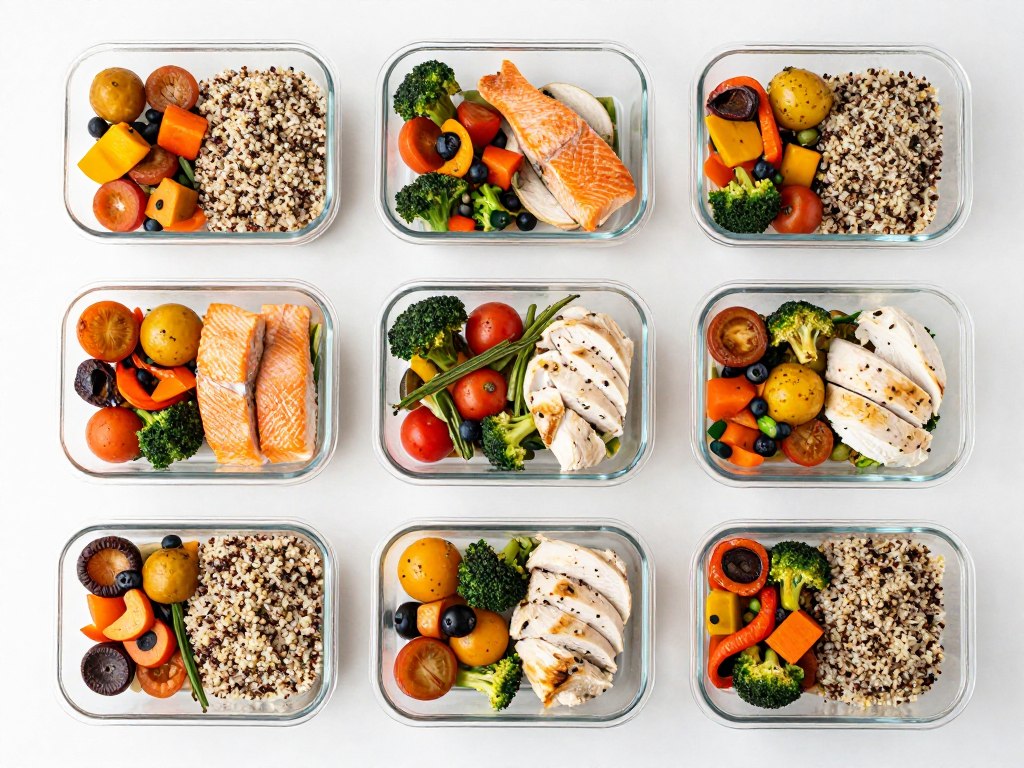 Week of healthy PMDD meal prep containers with balanced meals including proteins, vegetables, and whole grains