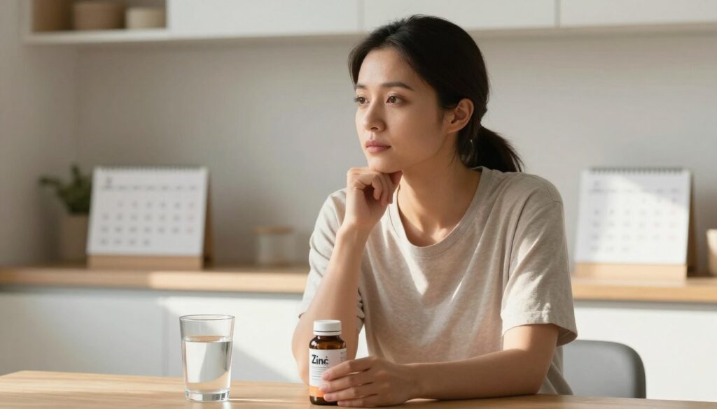 Woman experiencing PMDD symptoms holding zinc supplement bottle