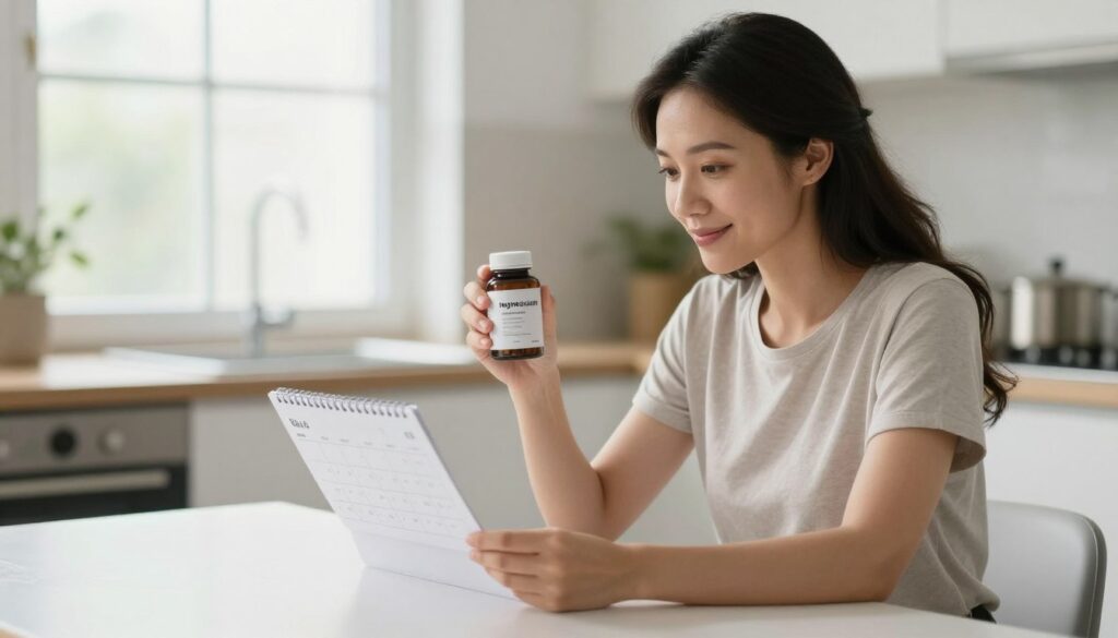 Woman holding magnesium supplement bottle with calendar marking cycle days showing PMDD symptom tracking