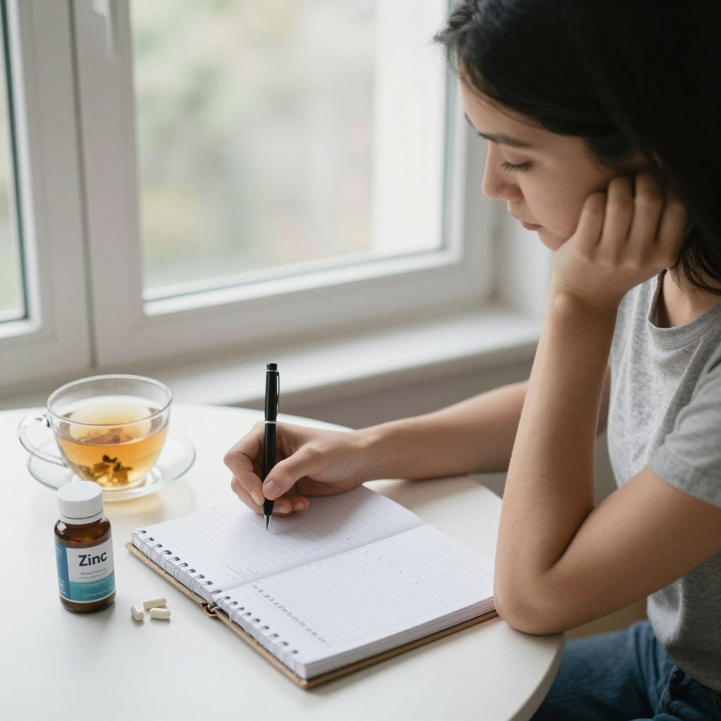 Woman journaling about mood symptoms with calendar tracking PMDD cycle