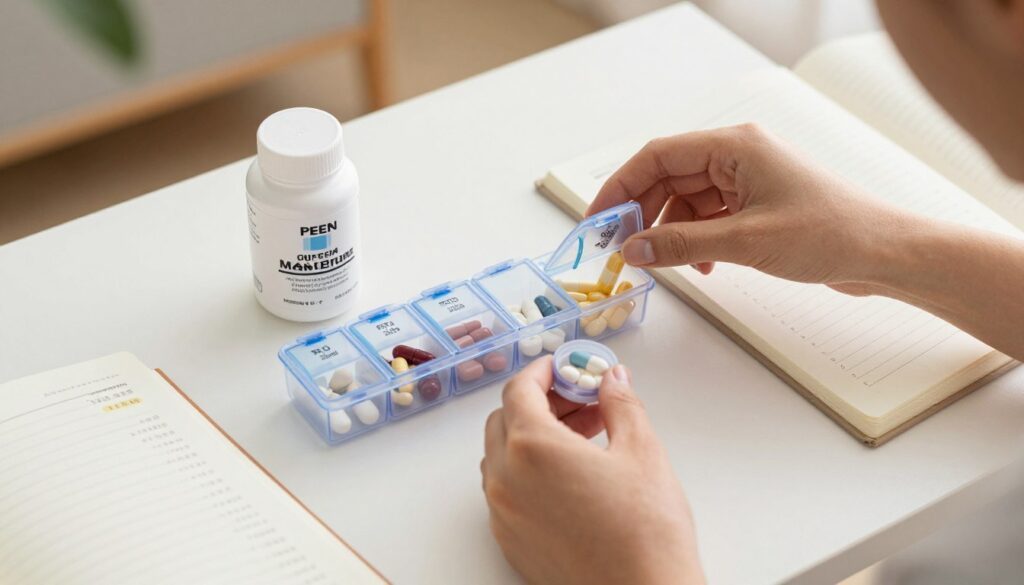 Woman measuring magnesium supplement dose with pill organizer and tracking journal on table