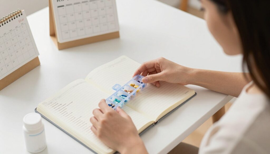 Woman organizing and planning her PMDD supplement routine with calendar, symptom tracker, and supplement organizer