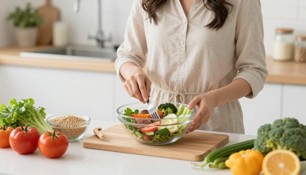 Woman preparing healthy colorful meal with vegetables and whole grains for PMDD diet plan in modern kitchen