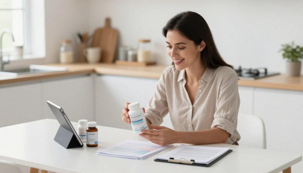 Woman reviewing supplement bottles with research papers on PMDD treatment options