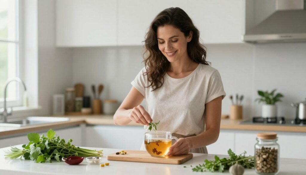 Woman successfully managing PMDD symptoms with herbal remedies and healthy lifestyle