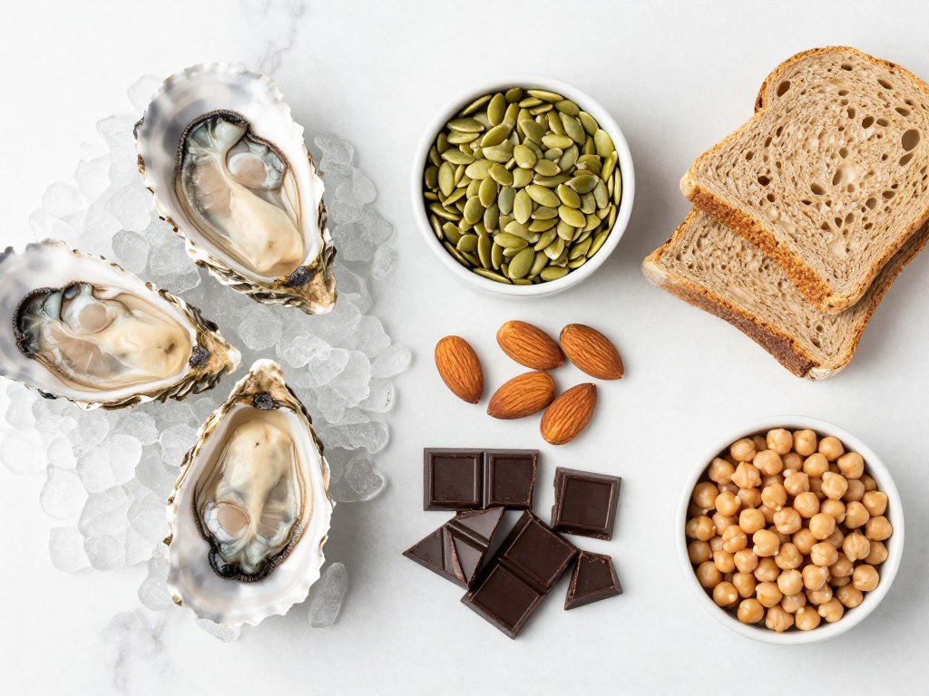 Zinc-rich foods arranged on a table including oysters, nuts, and seeds
