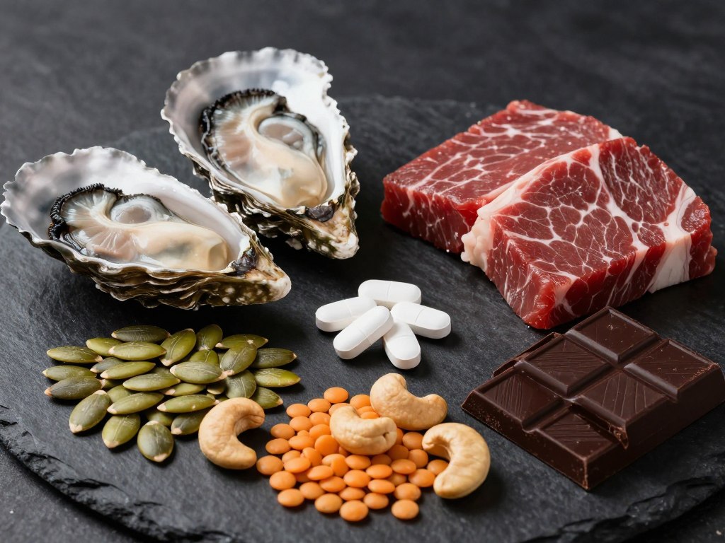 Zinc-rich foods including oysters, beef, pumpkin seeds, and zinc supplement tablets